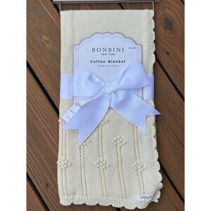 Bonbini Baby Crib Blanket Cotton Knitted Yellow Crochet Like Border Unisex New